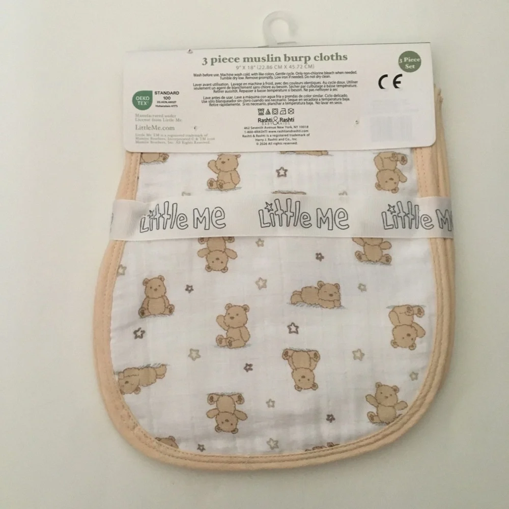 NEW 3 Cotton Muslin Burp Cloths Teddy Bears Stripes Stars Print | Little Me
